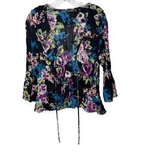 Elementz Women’s Floral Sheer Peplum Blouse Size‎ XL Black Ruffle Boho fairycore